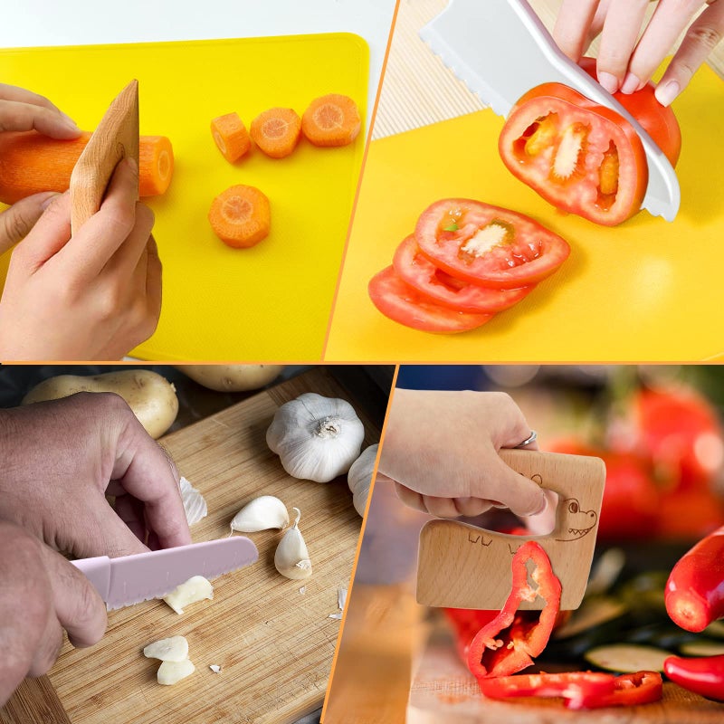RISICULIS 11 Pieces Wooden Kids Kitchen Knife  Pink Kids Knife Set Include Wood Kids Knife  Serrated Edges Plastic Toddler Knife  Crinkle Cutter  Sandwich Cutter  Y Peeler  Cutting Board - Image 4
